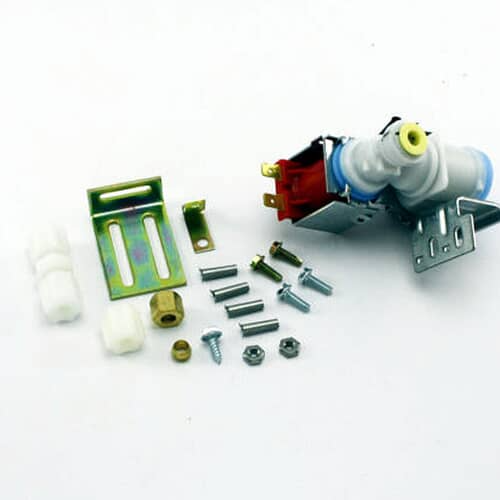 Whirlpool 4318047 OEM refrigerator water inlet valve kit with fittings, nuts, and mounting hardware for ice maker and dispenser systems.