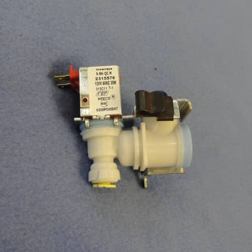 Close-up of Whirlpool 4318047 refrigerator water inlet valve showing durable solenoid and fitting design.
