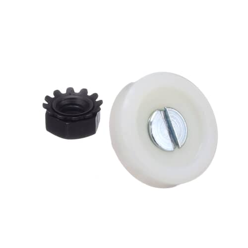 Angled view of the plastic dishrack roller and serrated nut 814229.