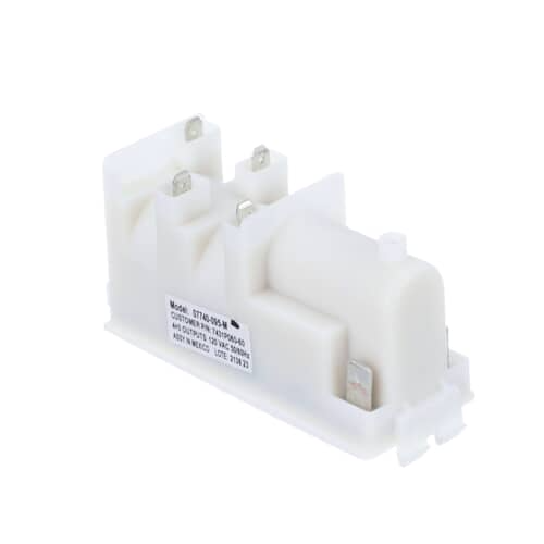 White plastic spark module with metal terminals.