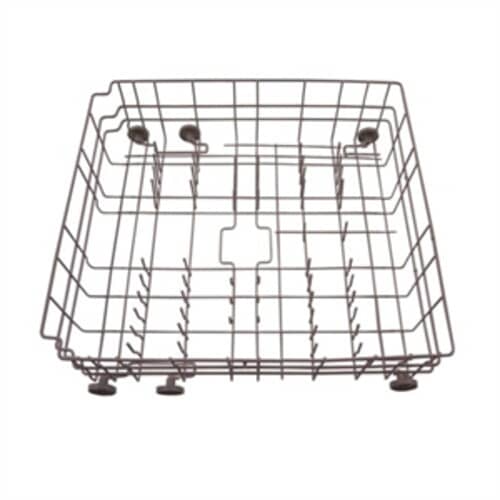 Whirlpool W10139223 OEM dishwasher lower rack assembly with durable coated wire frame and smooth-rolling wheels.