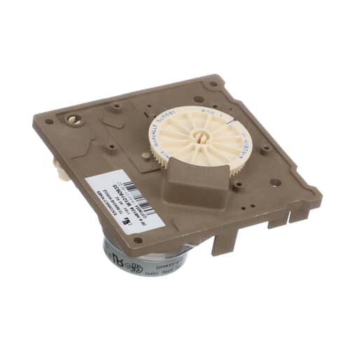 Angled top view of Whirlpool W10190935 refrigerator ice maker module assembly showing white gear and control motor.