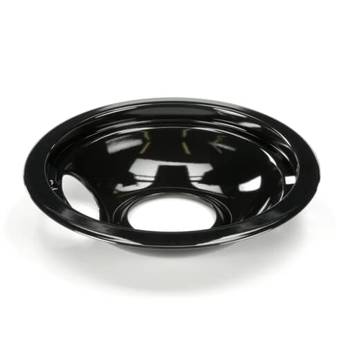 Front view of the Whirlpool W10290353RW 6-inch Black Porcelain Drip Bowl, showing its smooth, black porcelain surface and round shape.