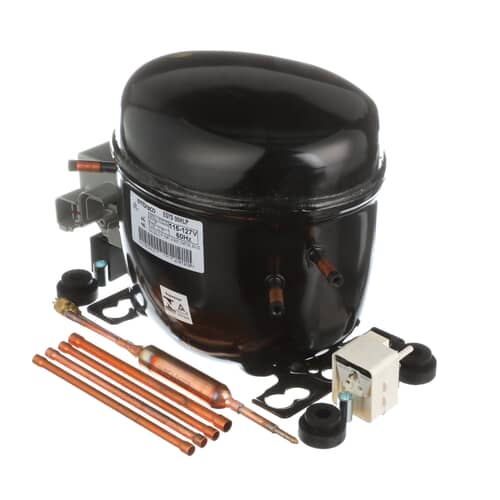Side view of Whirlpool W10309994 refrigerator compressor assembly including starter relay and copper fittings.