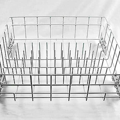 Whirlpool W10311986 dishwasher lower rack with wire frame design and mounting clips.
