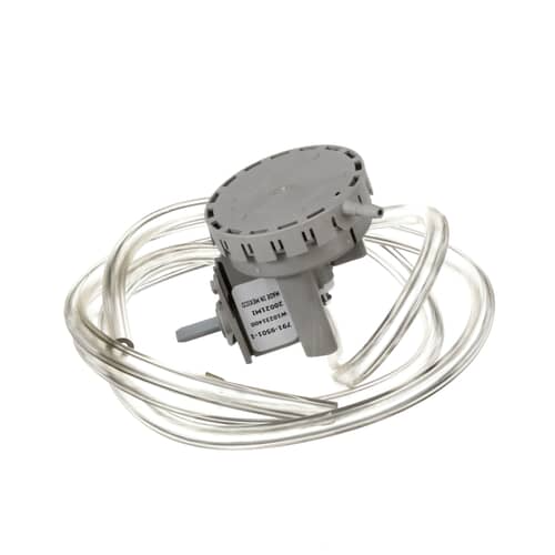 Side view of Whirlpool W10337781 water level pressure switch with tubing.