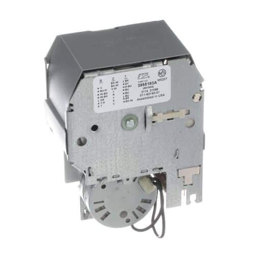 Rear view of the Whirlpool WP661649 Washer Timer showing the motor shaft, wiring, and connector pins. Controls washer cycle sequences and duration for reliable washing results.