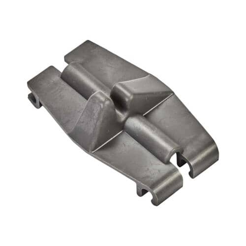 A metal retainer part for a Whirlpool dishwasher, designed to secure the flexrow in place during operation. The part is made of durable material and ensures proper dishware organization during the wash cycle.