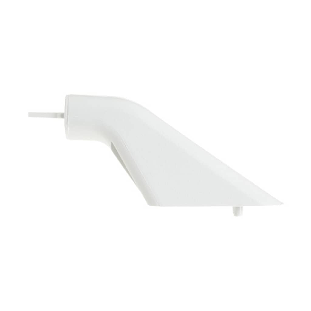 A smooth white appliance handle end cap viewed from the side.