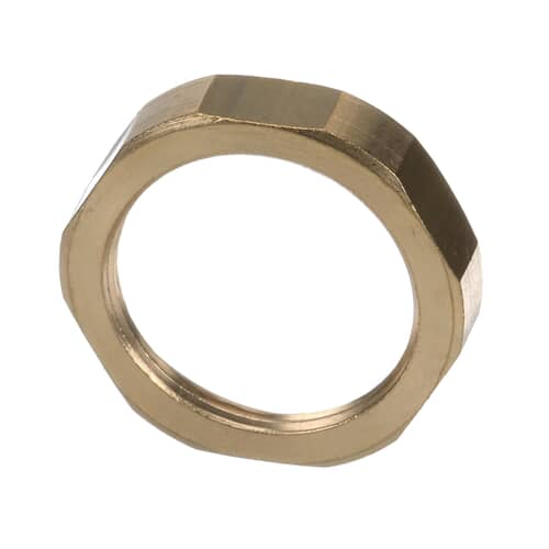 Angled view of a threaded brass nut.