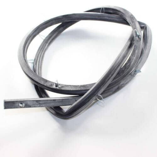 Rolled black oven door seal with metal clips.