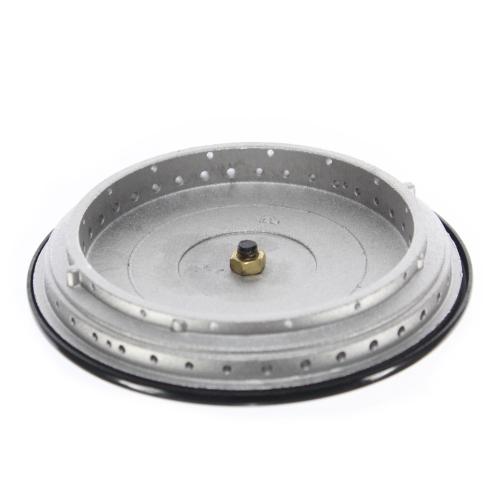 Top-down view of the black enamel cap on the Bosch 00415012 gas surface burner head assembly.