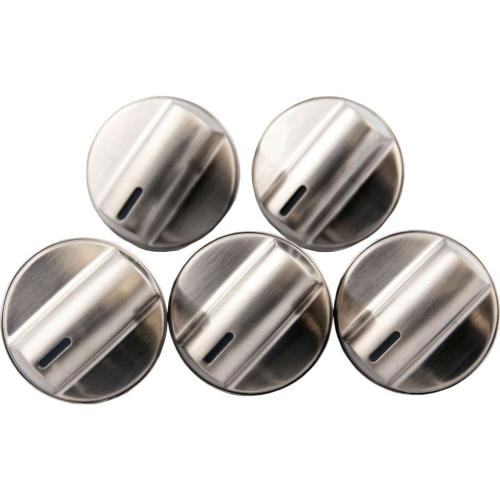 Set of 5 chrome/stainless steel control knobs (Bosch 00654043) for gas range or cooktop burners.