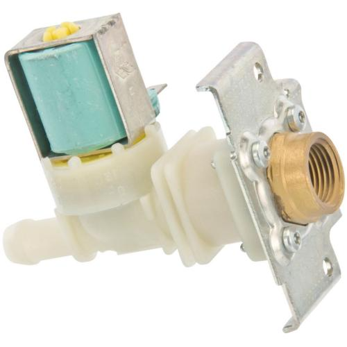 Bosch 425458 dishwasher water inlet valve showing the light blue solenoid and brass inlet fitting
