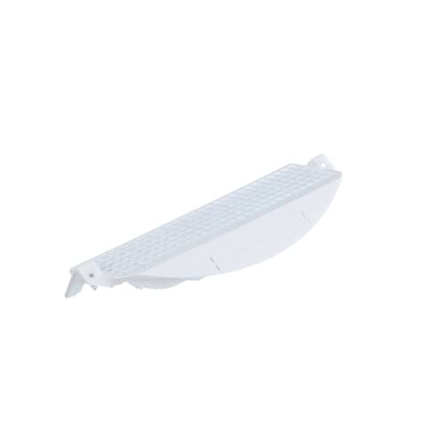 Angled view of the white plastic lint housing cover showing the curved front and perforated top section.