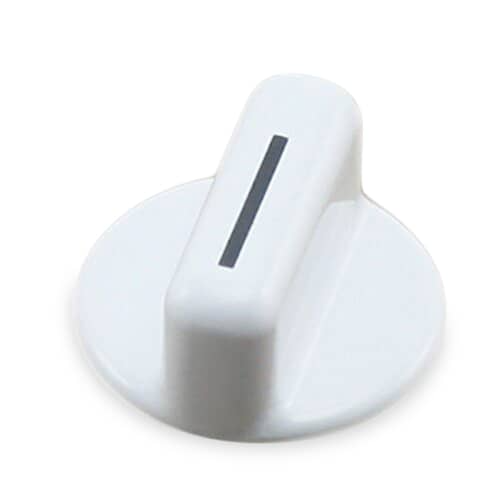 Angled view of the white Electrolux oven control knob showing its depth and shape.