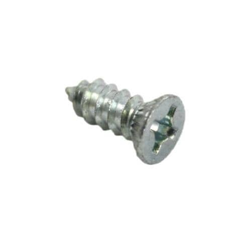 Angled, bright image of the metal screw highlighting its threads and countersunk head.