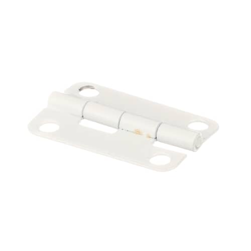 Top-down view of the small, rectangular white door hinge showing four screw holes and the central hinge barrel.
