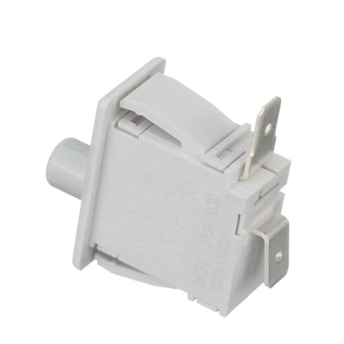 Angled view of the white and black Electrolux door switch assembly