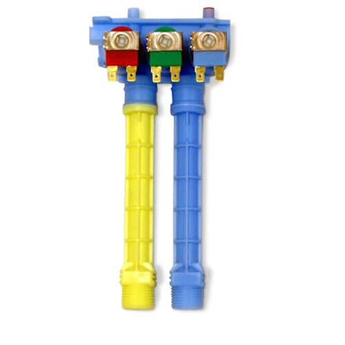 Angled view of the valve showing the two threaded water inlet ports on the mounting plate