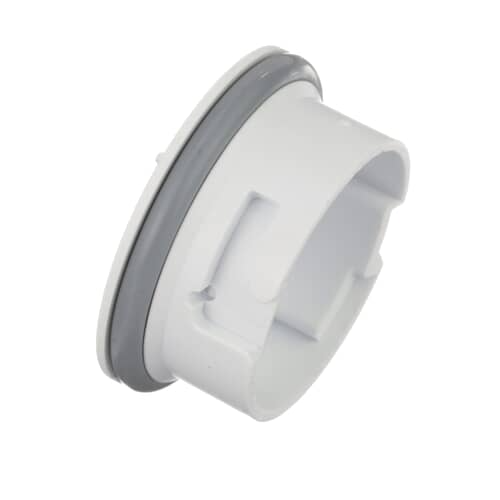 Side view of the white Electrolux dishwasher rinse aid cap with gray gasket ring