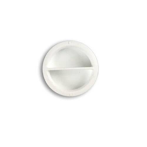 Front view of the small white dishwasher rinse aid dispenser cap against a white background