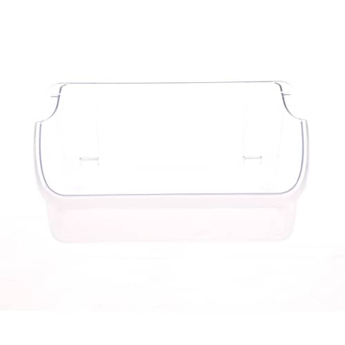 Front-on view of the clear bin showing the top lip designed for gripping and clear molded handles.