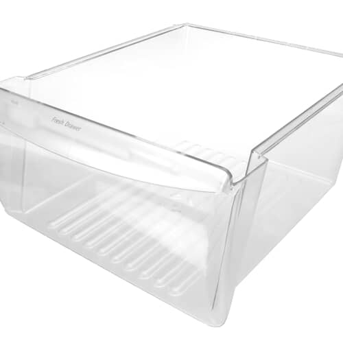Angled view of the clear crisper drawer showing the vertical ribbed texture molded into the bottom base.