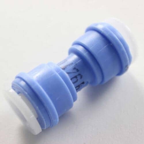 An angled view of the blue 241806601 push-to-connect water fitting.