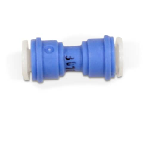 A blue Electrolux 241806601 straight water connector, side view.