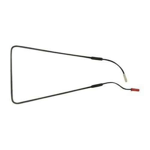 Side view of the defrost heater element highlighting the metal rod shape and the wired connections extending to the side.