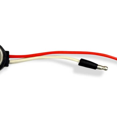 Close-up of the two electrical terminals and the wires leading away from the metallic sensor housing.