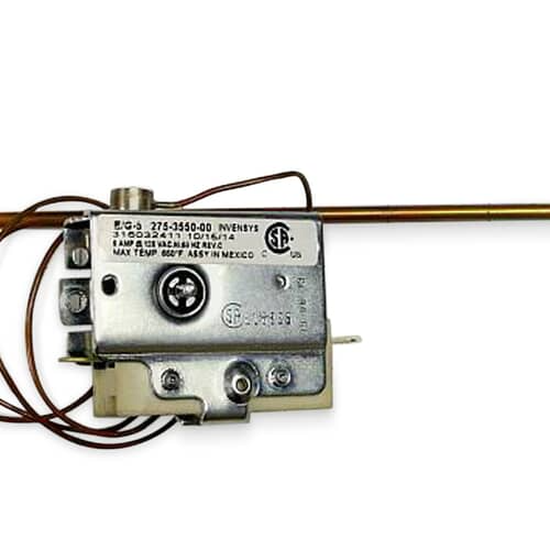 Close-up of the metal control body of the 316032411 thermostat, showing terminals and rating label.