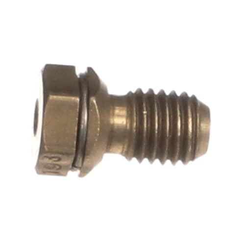 Angled view of the brass orifice spud showing the hexagonal head and threaded body.