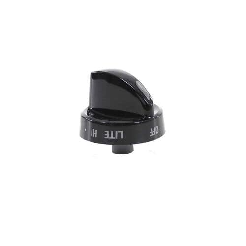Side angled view of the black plastic gas surface burner knob.