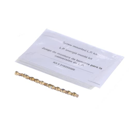 Packaged screw-mounted LP kit hardware next to the instruction sheet for the Electrolux 316542414 conversion.
