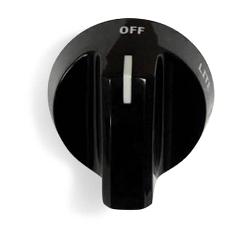 Front view of the 316543907 gas burner knob with the indicator line centered