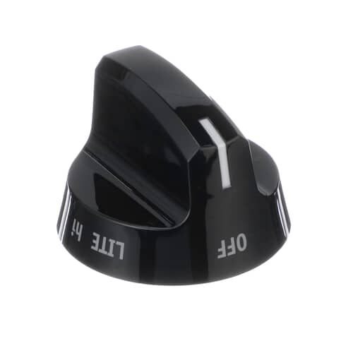 Electrolux 316543907 black gas range surface burner knob showing HI, LITE, and OFF markings
