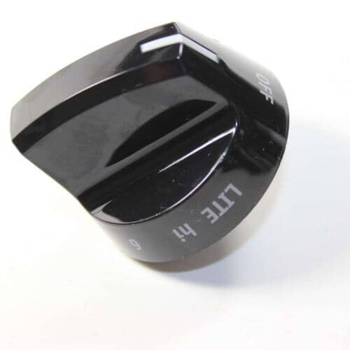 Angled view of the black plastic gas range knob replacement part