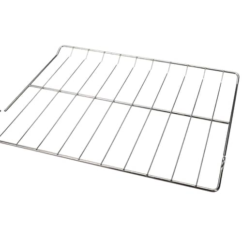Angled view of the replacement chrome oven shelf rack (318345216) showing the left pull tab.