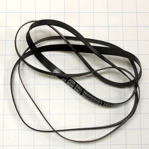 Electrolux 5303281154 dryer belt shown coiled on a white grid background with Frigidaire markings visible