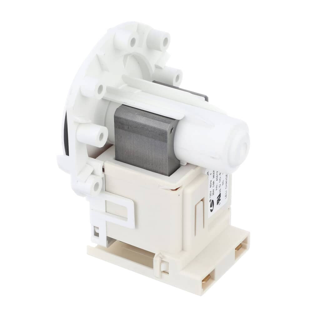 Angled view of the Electrolux A00126401 Dishwasher Drain Pump, showcasing the integrated motor, the mounting points on the pump housing, and the technical specifications label on the plastic body, designed for high-efficiency water removal.