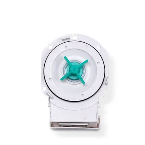 Side view of the Electrolux A00126401 Dishwasher Drain Pump Assembly, showing the exposed magnetic motor core, the white plastic housing, and the electrical connection terminals at the base, highlighting the durable construction of the pump motor.