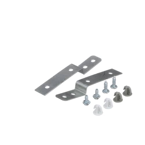 Electrolux DWBRACKIT1 dishwasher side mount kit showing metal brackets, screws, and plastic anchors