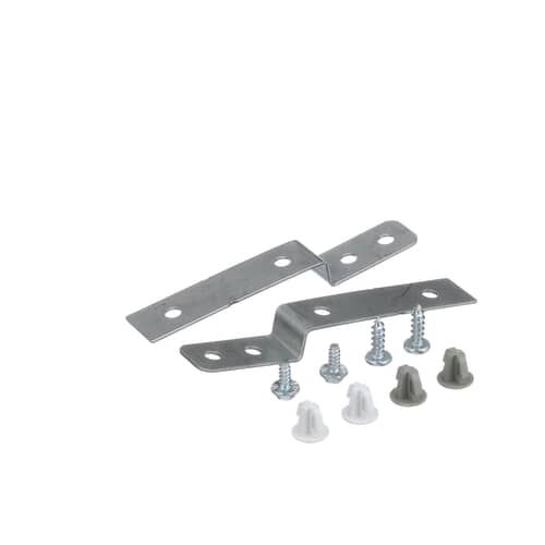 Close-up of the metal brackets, screws, and mixed grey/white wall anchors from the DWBRACKIT1 kit