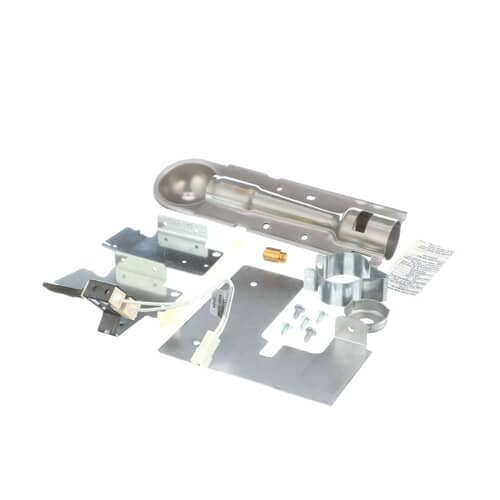 Full view of the gas conversion kit components laid out next to the required red warning/instruction sheet.
