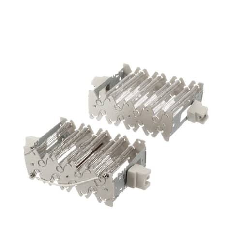 Two metal heating element assemblies in a set, shown at an angle with white connectors.