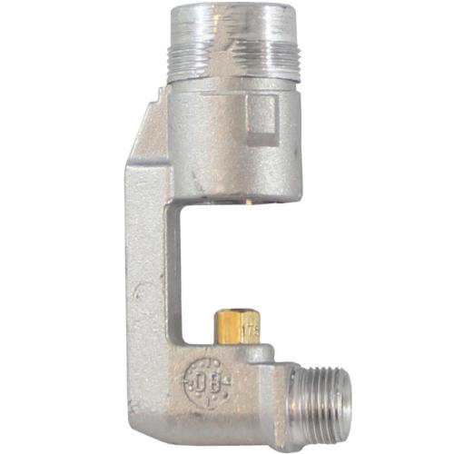 Metal gas valve elbow with threads and a brass orifice.