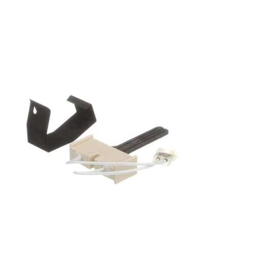 Complete flat ignitor kit showing the beige housing, ceramic probes, white wires, and the separate black mounting bracket.