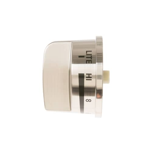 GE WB03K10286 Large Range Control Knob with a stainless steel look.